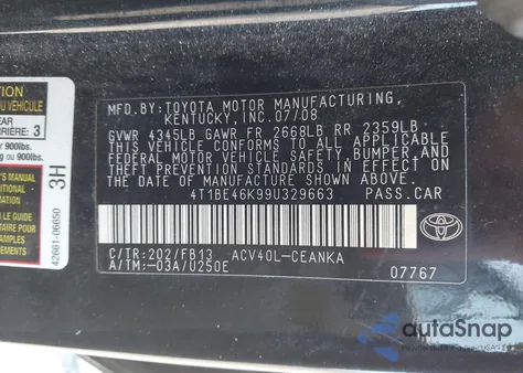 2009 Toyota Camry из США, поврежденный, VIN 4T1BE46K99U329663